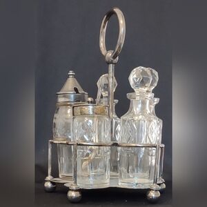 Antique Victorian Glass Mappin & Webb Prince's PlateTriple Deposit Cruet Set